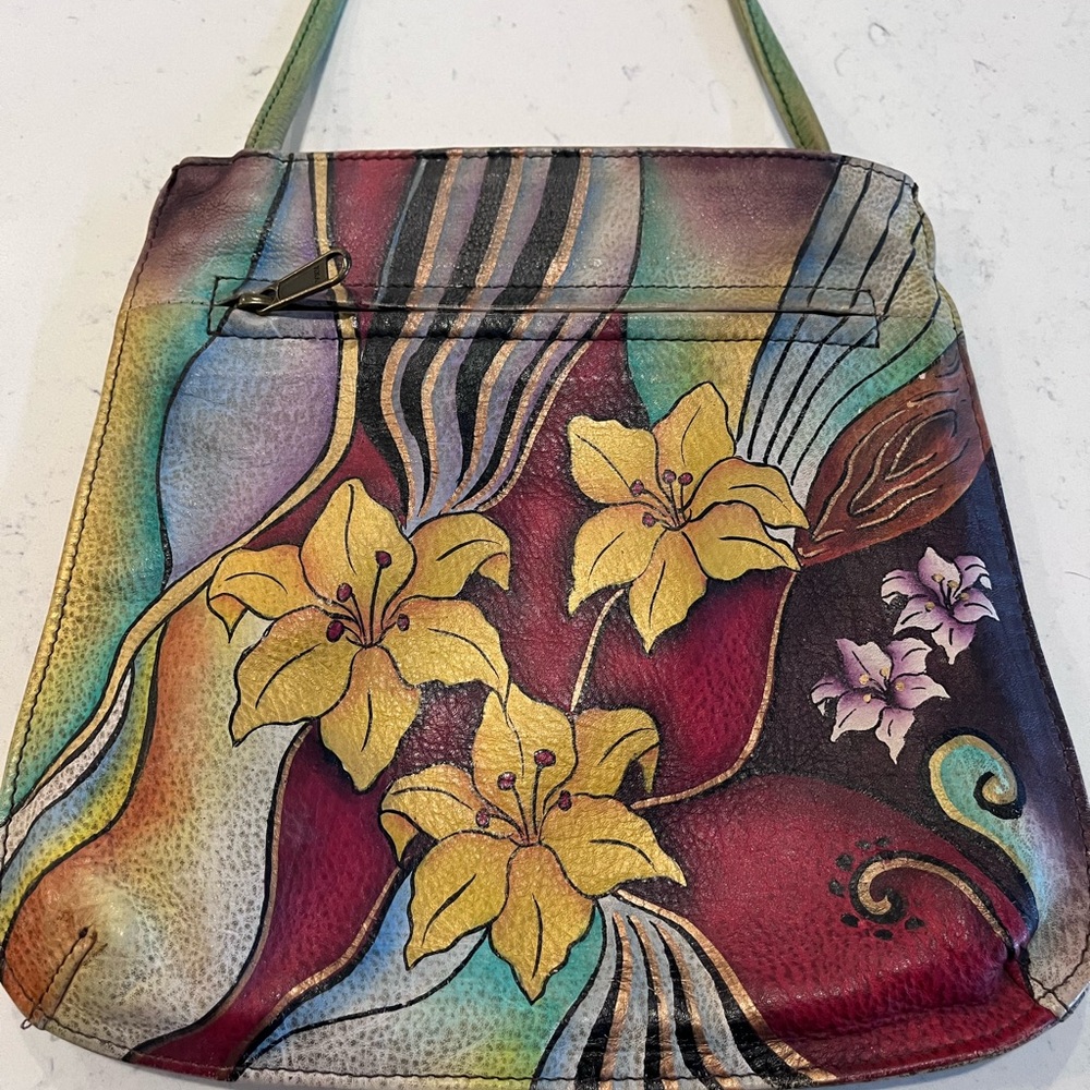 Anuschka Handpainted Leather Small Slim Crossbody Bag.